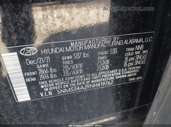 5NMS34AJ9NH419762 2022 HYUNDAI SANTA FE Черный Вид подкапотного пространства