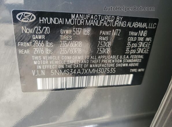 5NMS34AJXMH307535 2021 HYUNDAI SANTA Gray Vista de la etiqueta del VIN