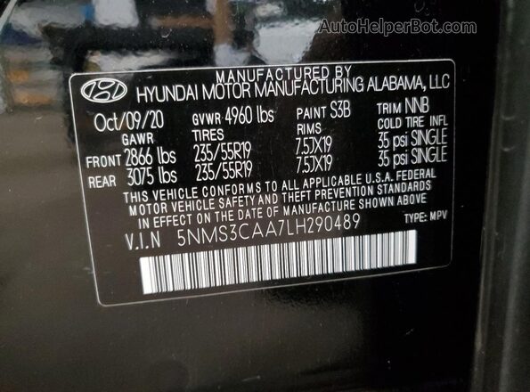 5NMS3CAA7LH290489 2020 HYUNDAI SANTA Black Widok naklejki z numerem VIN