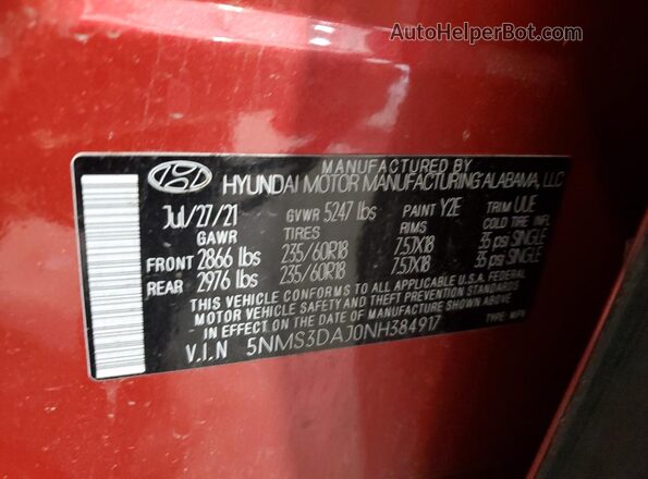 5NMS3DAJ0NH384917 2022 HYUNDAI SANTA Красный Панорамный вид салона 360°