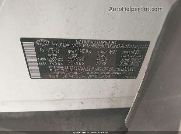 5NMS3DAJ0PH536004 2023 HYUNDAI SANTA FE White Widok komory silnika