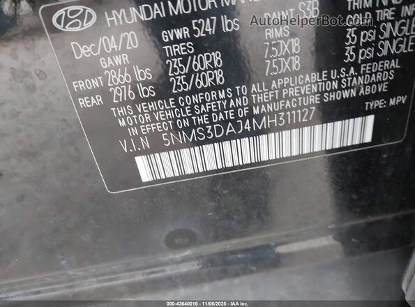 5NMS3DAJ4MH311127 2021 HYUNDAI SANTA FE Black Вид підкапотного простору