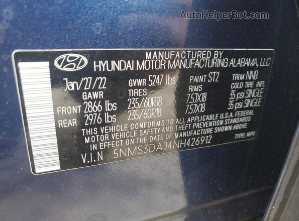 5NMS3DAJ4NH426912 2022 HYUNDAI SANTA Blue Widok naklejki z numerem VIN