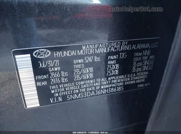 5NMS3DAJ6NH386185 2022 HYUNDAI SANTA FE Gray Widok komory silnika
