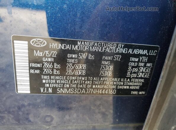 5NMS3DAJ7NH444160 2022 HYUNDAI SANTA Blue Widok komory silnika