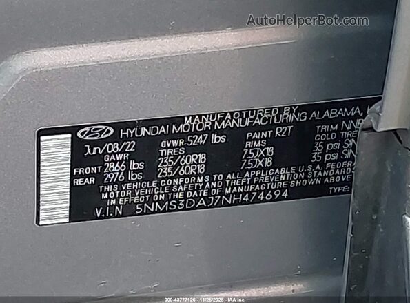 5NMS3DAJ7NH474694 2022 HYUNDAI SANTA FE Silver Շարժիչի բաժամունքի տեսք