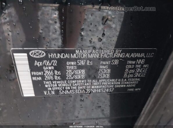 5NMS3DAJ9NH452437 2022 HYUNDAI SANTA FE Black Вид підкапотного простору