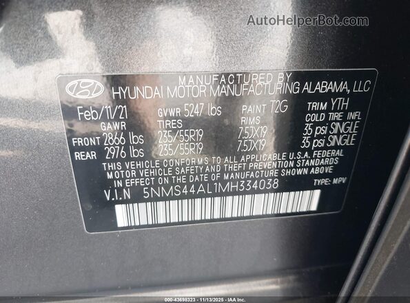 5NMS44AL1MH334038 2021 HYUNDAI SANTA FE Black Engine compartment view