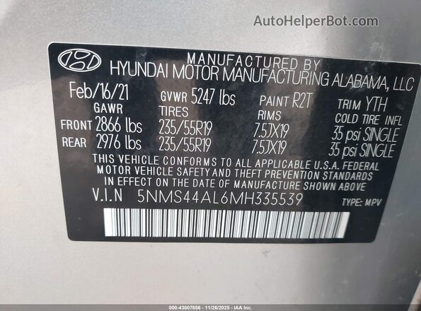 5NMS44AL6MH335539 2021 HYUNDAI SANTA FE Silver ძრავის განყოფილების ხედი