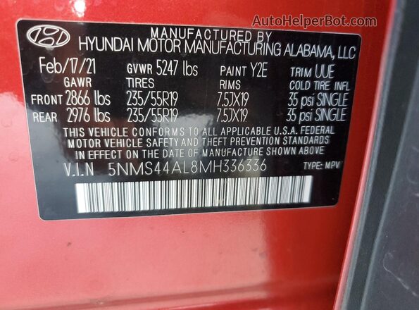 5NMS44AL8MH336336 2021 HYUNDAI SANTA Red 
