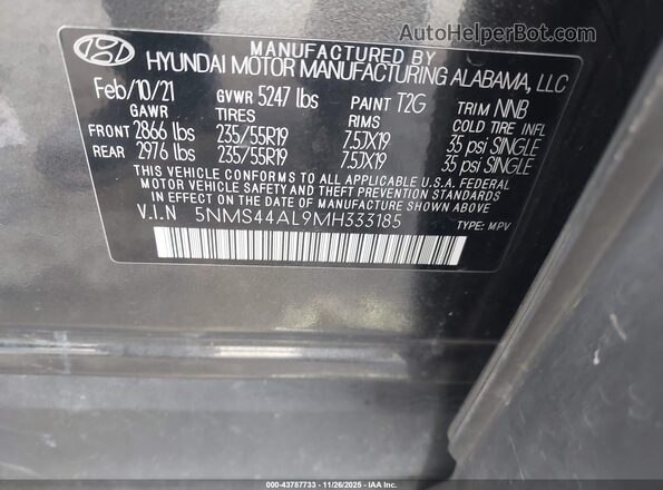 5NMS44AL9MH333185 2021 HYUNDAI SANTA FE Black Շարժիչի բաժամունքի տեսք