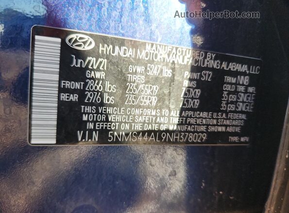 5NMS44AL9NH378029 2022 HYUNDAI SANTA Синий Вид наклейки с VIN-кодом