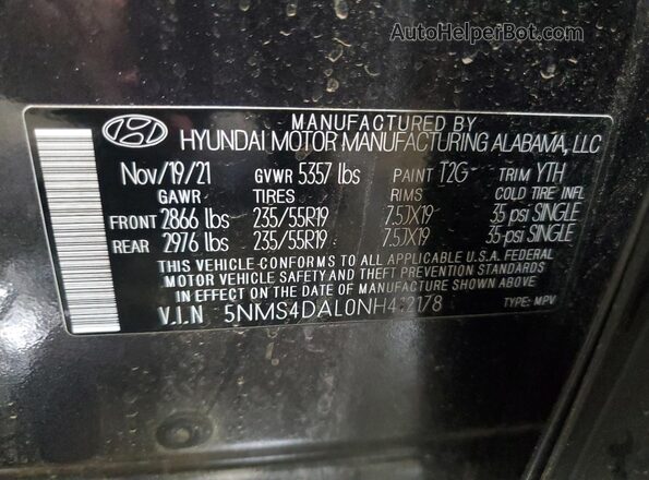 5NMS4DAL0NH412178 2022 HYUNDAI SANTA Charcoal Widok naklejki z numerem VIN