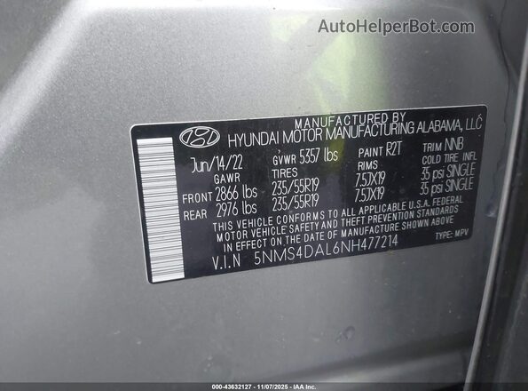 5NMS4DAL6NH477214 2022 HYUNDAI SANTA FE Silver Vista del compartimento del motor