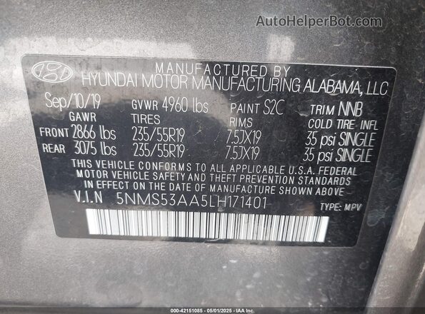 5NMS53AA5LH171401 2020 HYUNDAI SANTA FE Gray Vista del compartimento del motor