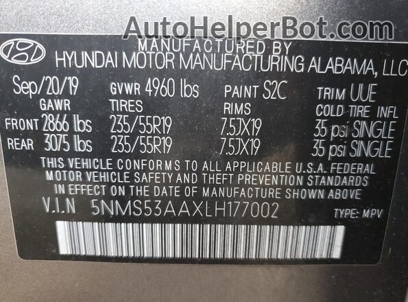 5NMS53AAXLH177002 2020 HYUNDAI SANTA Gray Widok naklejki z numerem VIN