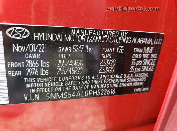 5NMS54AL0PH522616 2023 HYUNDAI SANTA FE CALLIGRAPHY Red Вид наклейки з VIN-кодом