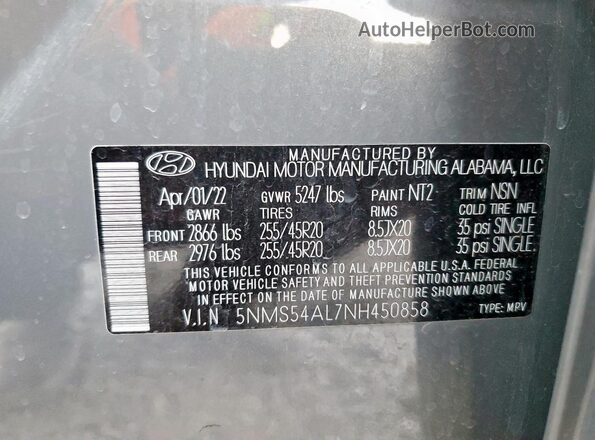 5NMS54AL7NH450858 2022 HYUNDAI SANTA FE CALLIGRAPHY Gray 360 interior view