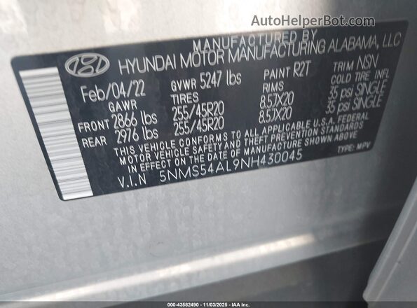 5NMS54AL9NH430045 2022 HYUNDAI SANTA FE CALLIGRAPHY Silver Вид підкапотного простору