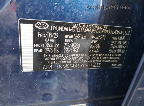 5NMS54ALXPH551833 2023 HYUNDAI SANTA FE CALLIGRAPHY Blue Vista interior de 360 grados