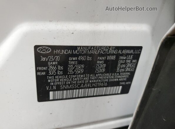 5NMS5CAA4LH219616 2020 HYUNDAI SANTA Белый Вид наклейки с VIN-кодом