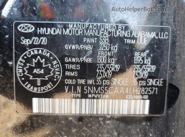 5NMS5CAA4LH282571 2020 HYUNDAI SANTA Black VIN sticker view