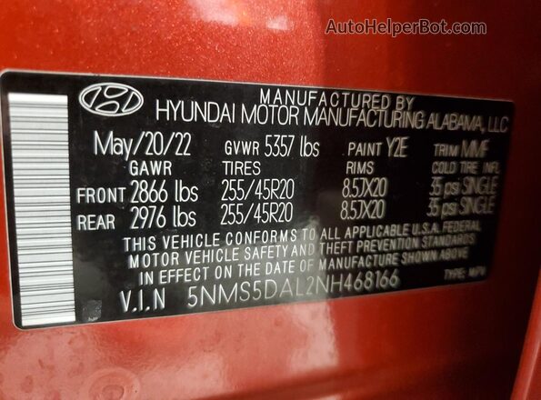 5NMS5DAL2NH468166 2022 HYUNDAI SANTA FE CALLIGRAPHY Red VIN կոդի պիտակի տեսք