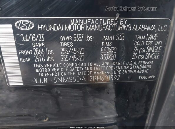 5NMS5DAL2PH601592 2023 HYUNDAI SANTA FE CALLIGRAPHY Black Engine compartment view