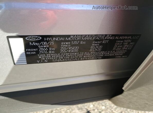 5NMS5DAL4PH581216 2023 HYUNDAI SANTA FE CALLIGRAPHY Silver Вид наклейки з VIN-кодом