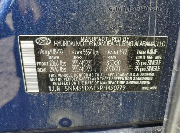 5NMS5DAL9PH490779 2023 HYUNDAI SANTA FE CALLIGRAPHY Blue VIN sticker view