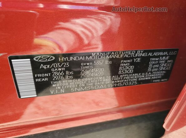 5NMS5DAL9PH570325 2023 HYUNDAI SANTA FE CALLIGRAPHY Red VIN կոդի պիտակի տեսք