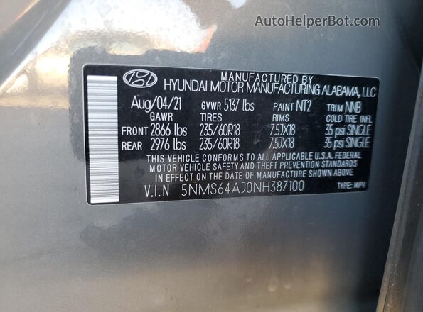 5NMS64AJ0NH387100 2022 HYUNDAI SANTA Gray Widok naklejki z numerem VIN