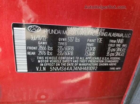 5NMS64AJ4NH481092 2022 HYUNDAI SANTA Красный Вид наклейки с VIN-кодом