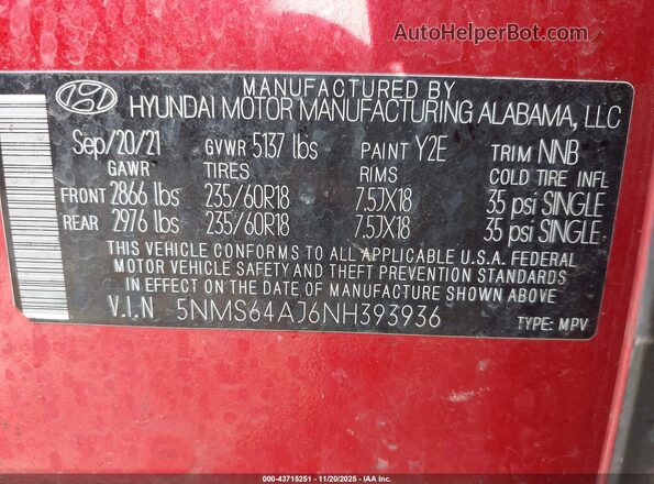 5NMS64AJ6NH393936 2022 HYUNDAI SANTA FE Красный Вид подкапотного пространства