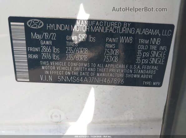 5NMS64AJ7NH467896 2022 HYUNDAI SANTA FE White ძრავის განყოფილების ხედი
