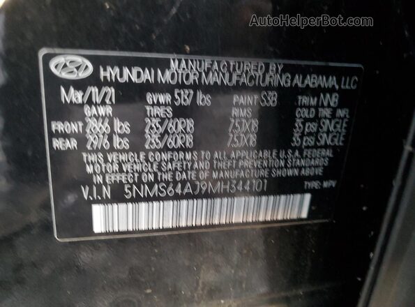 5NMS64AJ9MH344101 2021 HYUNDAI SANTA Black Вид наклейки з VIN-кодом