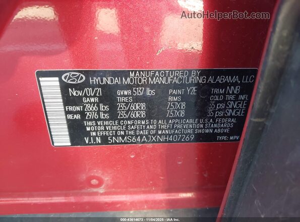 5NMS64AJXNH407269 2022 HYUNDAI SANTA FE Red Engine compartment view