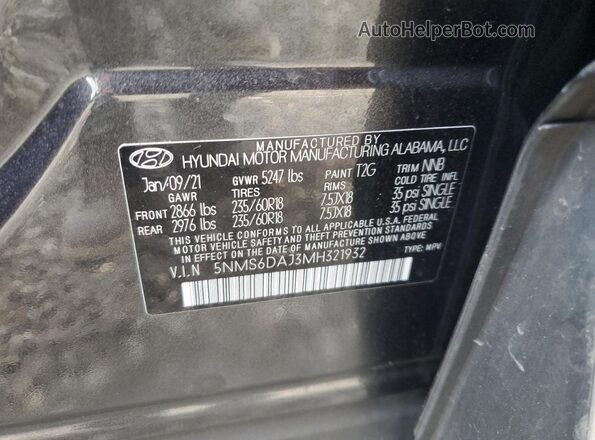 5NMS6DAJ3MH321932 2021 HYUNDAI SANTA Charcoal სალონის 360-გრადუსიანი ხედი