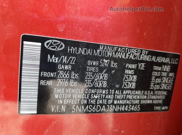 5NMS6DAJ3NH443465 2022 HYUNDAI SANTA Red 360 interior view