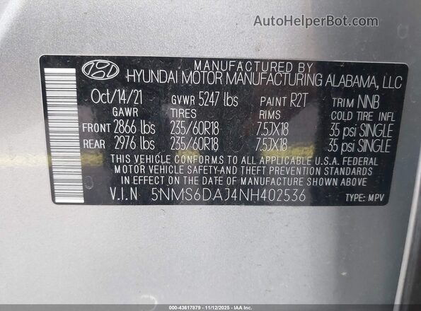 5NMS6DAJ4NH402536 2022 HYUNDAI SANTA FE Silver Widok komory silnika
