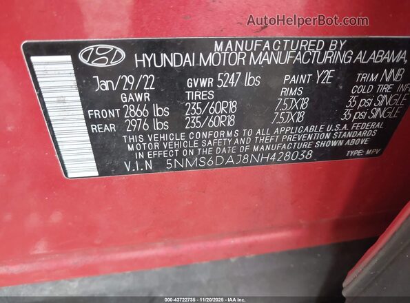 5NMS6DAJ8NH428038 2022 HYUNDAI SANTA FE Red Շարժիչի բաժամունքի տեսք