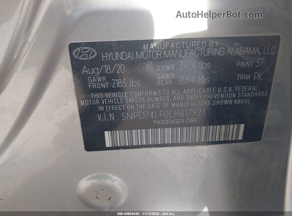 5NPD74LF0LH617927 2020 HYUNDAI ELANTRA Silver Engine compartment view