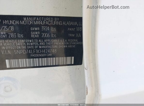 5NPD74LF1KH424748 2019 HYUNDAI ELANTRA Белый Вид подкапотного пространства