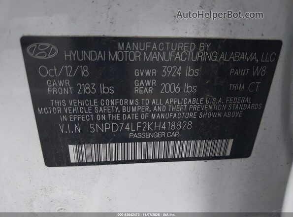 5NPD74LF2KH418828 2019 HYUNDAI ELANTRA White Engine compartment view