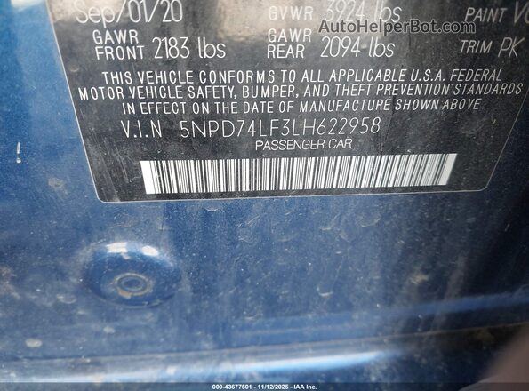 5NPD74LF3LH622958 2020 HYUNDAI ELANTRA Blue ძრავის განყოფილების ხედი