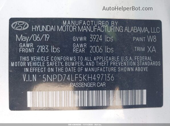 5NPD74LF5KH497136 2019 HYUNDAI ELANTRA White Շարժիչի բաժամունքի տեսք