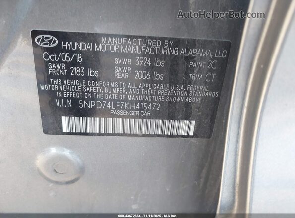 5NPD74LF7KH415472 2019 HYUNDAI ELANTRA Gray Widok komory silnika