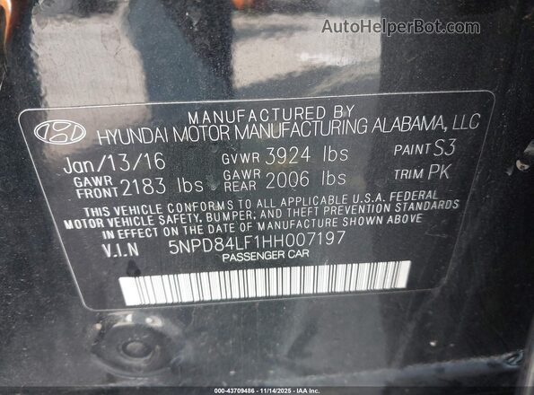 5NPD84LF1HH007197 2017 HYUNDAI ELANTRA Black 
