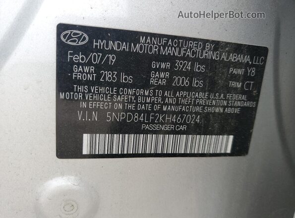 5NPD84LF2KH467024 2019 HYUNDAI ELANTRA Серебряный 