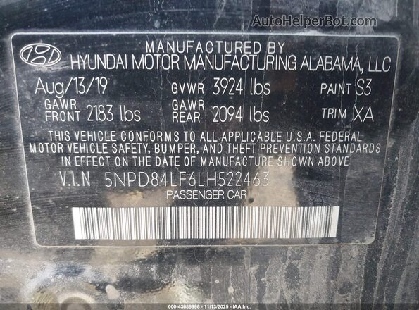 5NPD84LF6LH522463 2020 HYUNDAI ELANTRA Black Vista del compartimento del motor